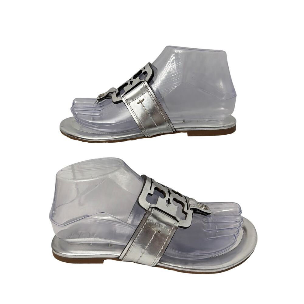 Tory Burch Miller Sandals Womens Size 6.5 Silver Metallic Leather Flat - Picture 11 of 13